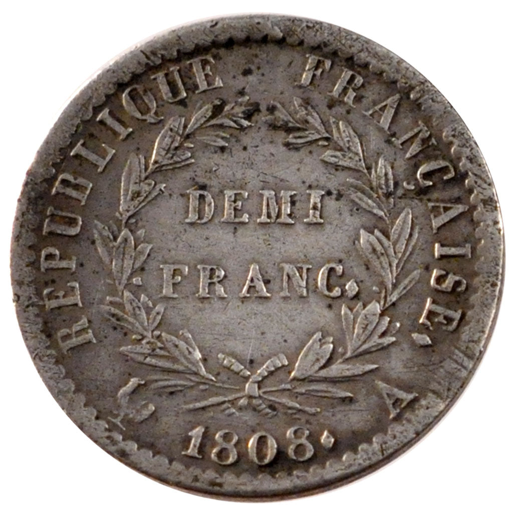 FRANCE, 1/2 Franc, 1808, Paris, VF(30-35), Silver, Gadoury #398, 2.48