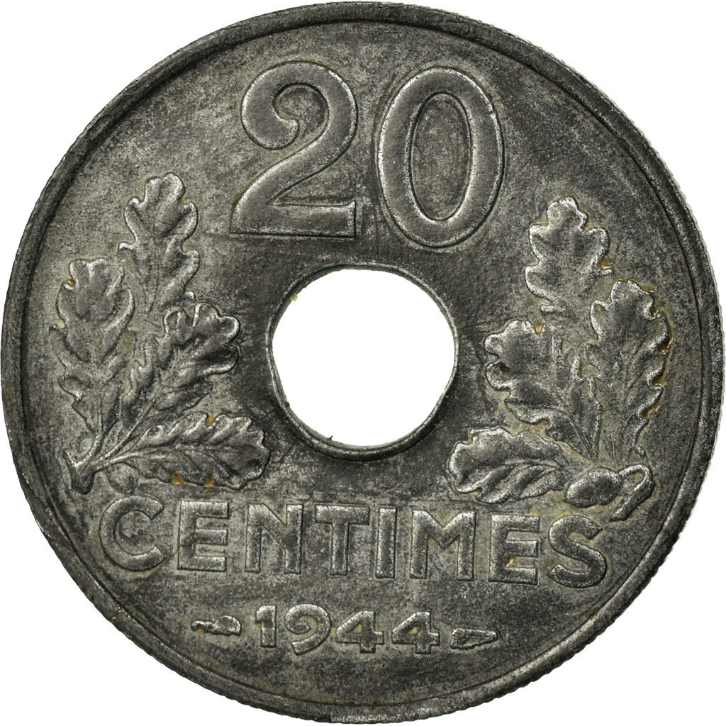 Moneta, Francja, État français, 20 Centimes, 1944, Paris, AU(50-53), Cynk