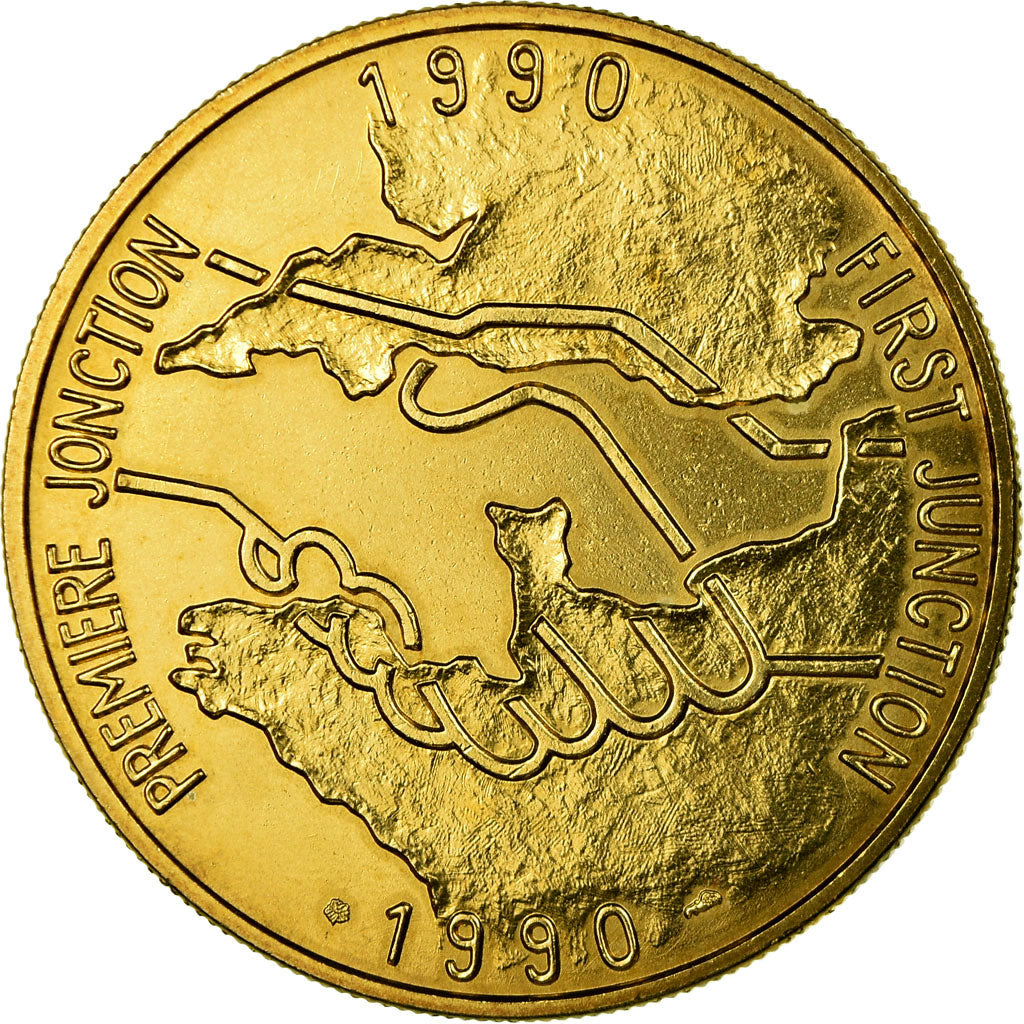 France, Medal, Tunnel sous la Manche - First Junction, 1990, MS(65-70), Bronze