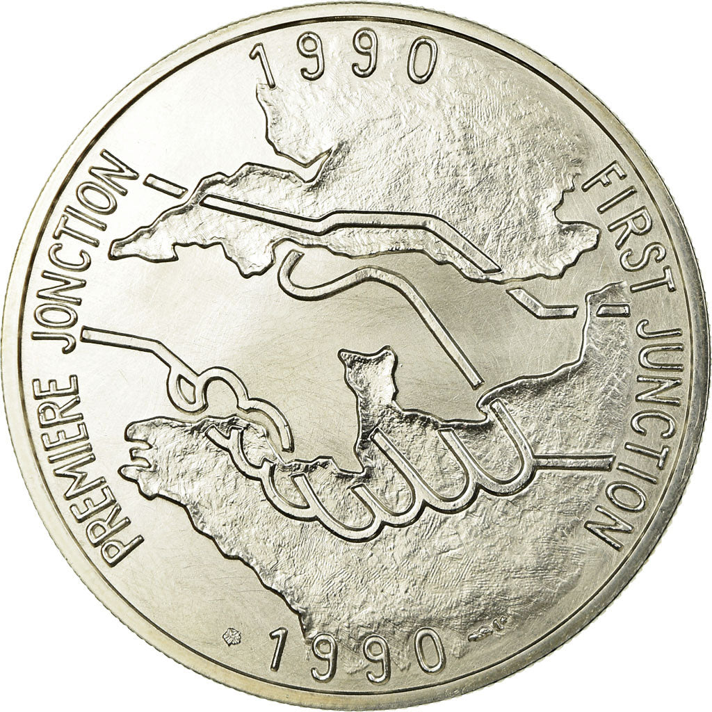 France, Medal, Tunnel sous la Manche - First Junction, 1990, MS(65-70), Silver