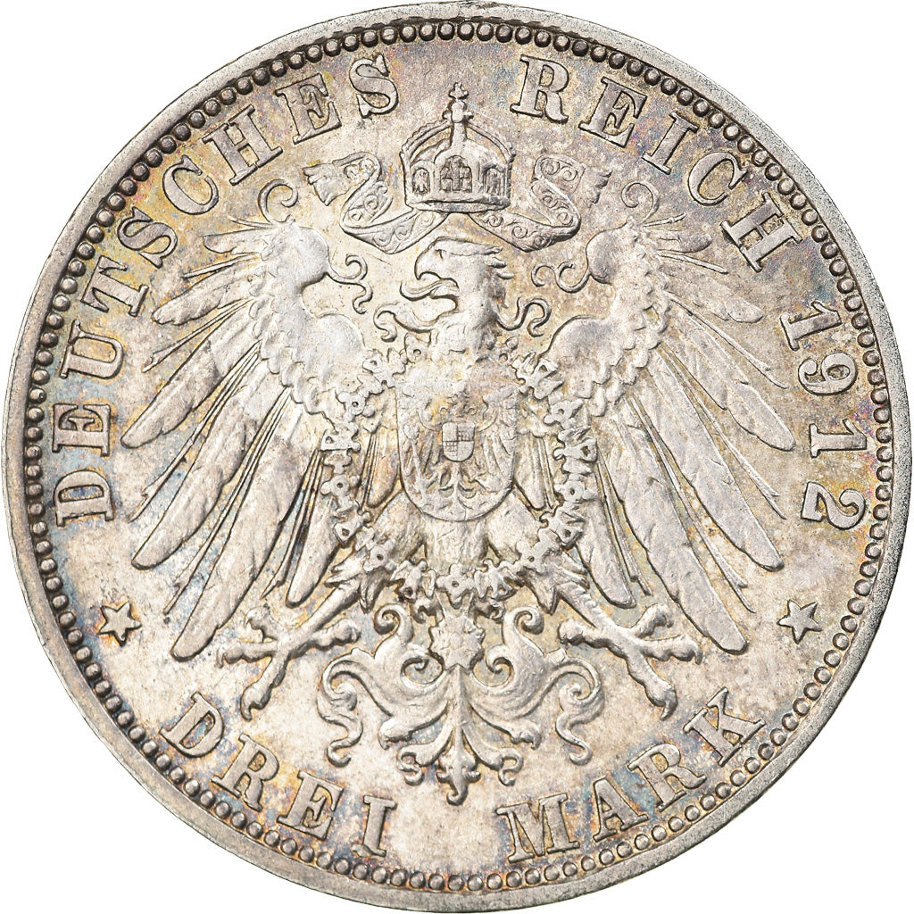 Coin, German States, BAVARIA, Otto, 3 Mark, 1912, Munich, AU(50-53), Silver