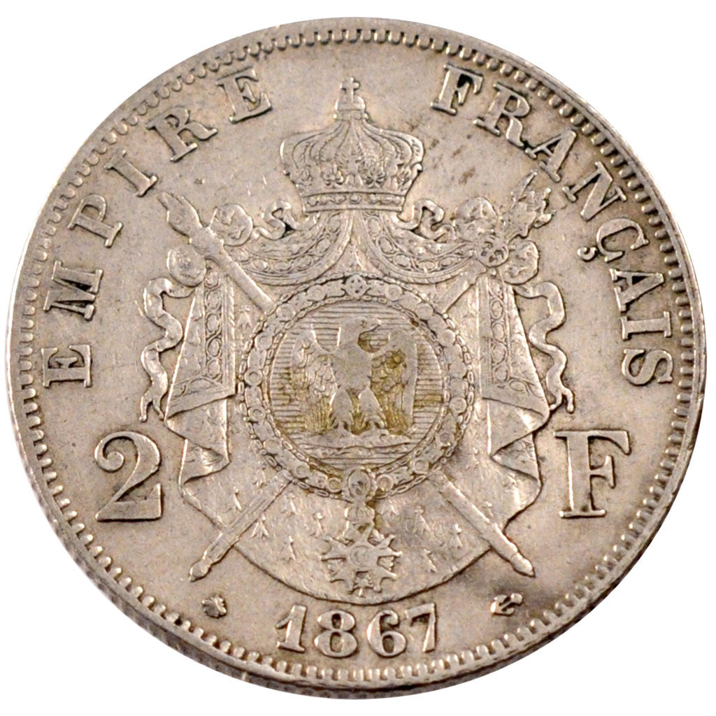 FRANCE, Napoléon III, 2 Francs, 1867, Paris, KM #807.1, AU(50-53), Silver, G...