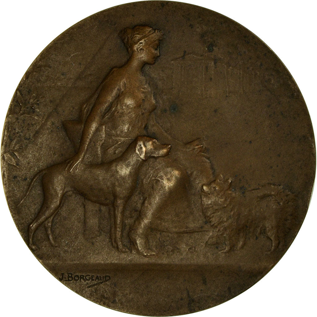 Francia, medalla, Art Nouveau, Femme et Chiens, Borgeaud, BC+, Bronce