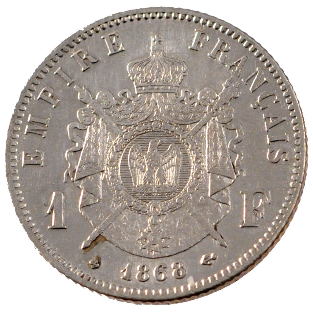 FRANCE, Napoléon III, Franc, 1868, Strasbourg, KM #806.2, AU(50-53), Silver, G..
