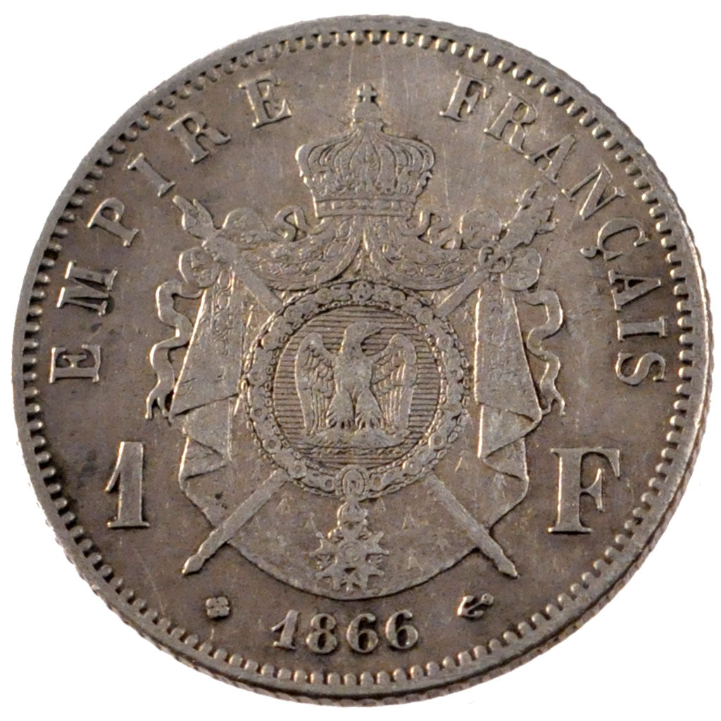 FRANCE, Napoléon III, Franc, 1866, Strasbourg, KM #806.2, EF(40-45), Silver, G..