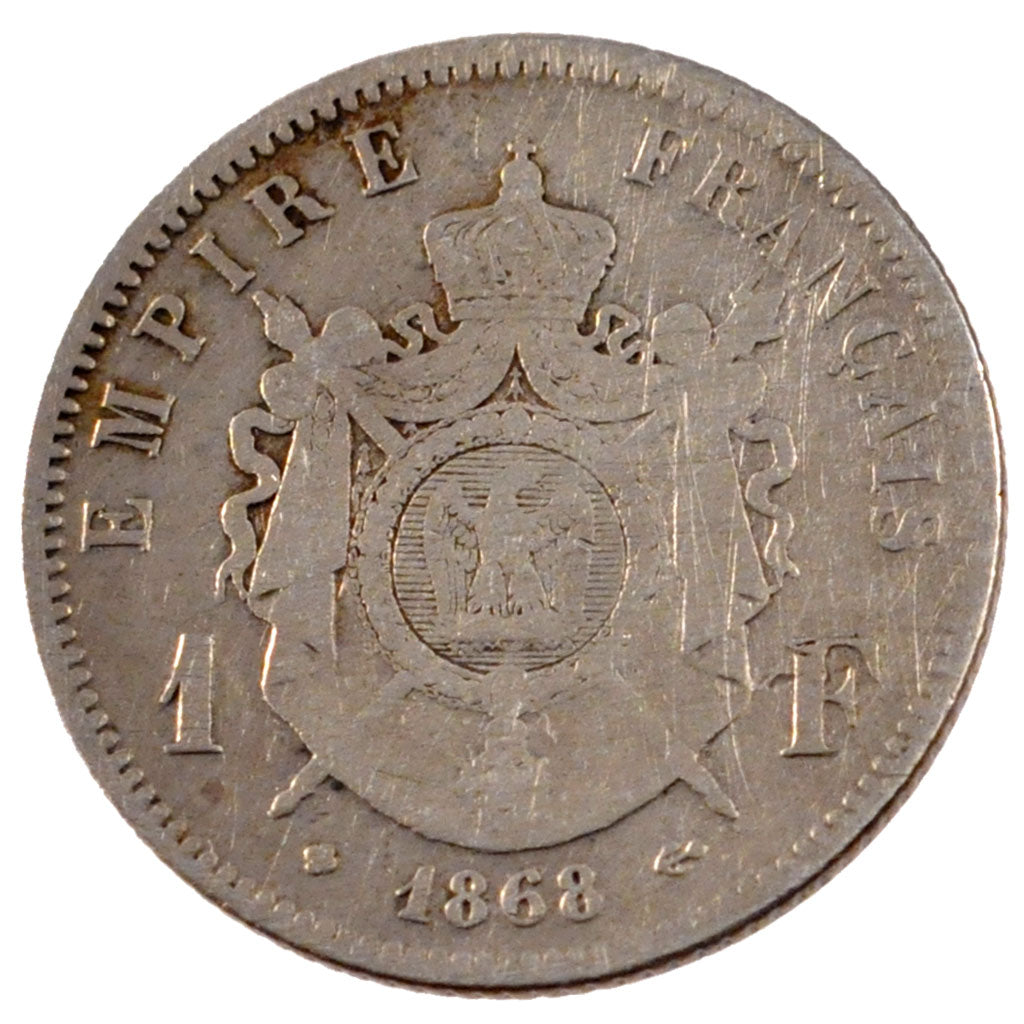 FRANCE, Napoléon III, Franc, 1868, Strasbourg, KM #806.2, VF(20-25), Silver, G..