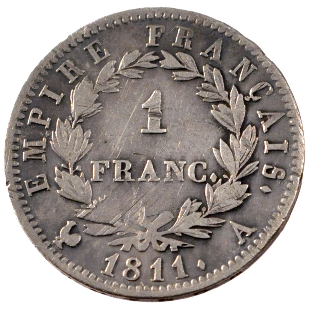 FRANCE, Napoléon I, Franc, 1811, Paris, KM #692.1, VF(30-35), Silver, Gadoury #.