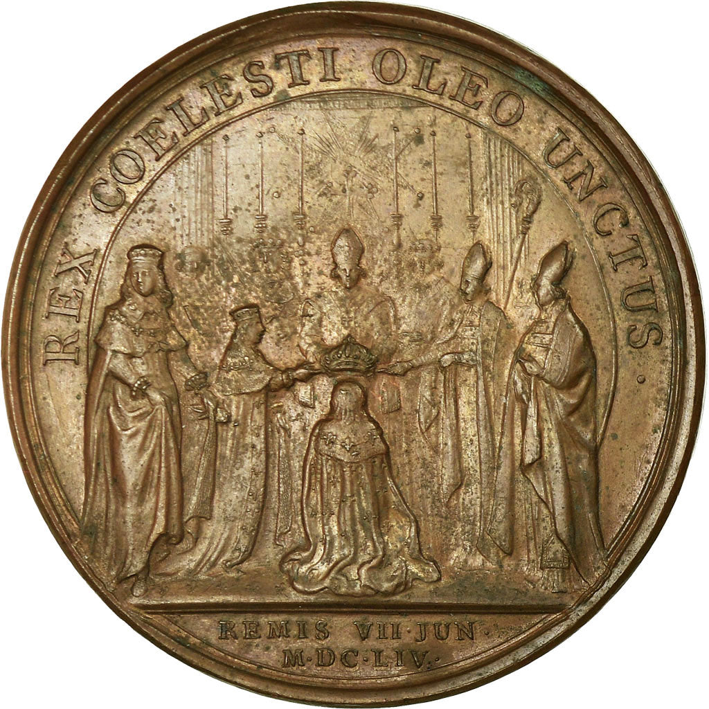 France, Médaille, Louis XIV, Le Sâcre à Reims, 1654, Mauger, TTB+, Bronze