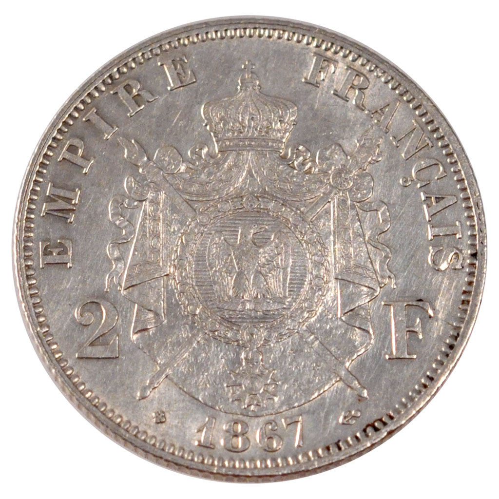 FRANCE, Napoléon III, 2 Francs, 1867, Strasbourg, KM #807.2, AU(55-58), Silver,