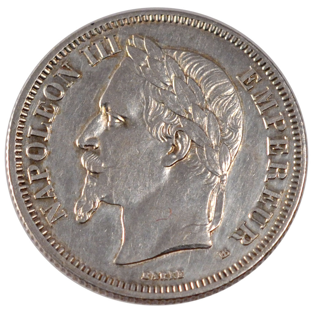 FRANCE, Napoléon III, 2 Francs, 1866, Strasbourg, KM #807.2, AU(50-53), Silver,