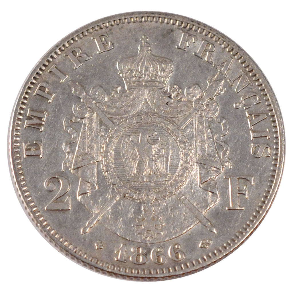 FRANCE, Napoléon III, 2 Francs, 1866, Strasbourg, KM #807.2, AU(50-53), Silver,