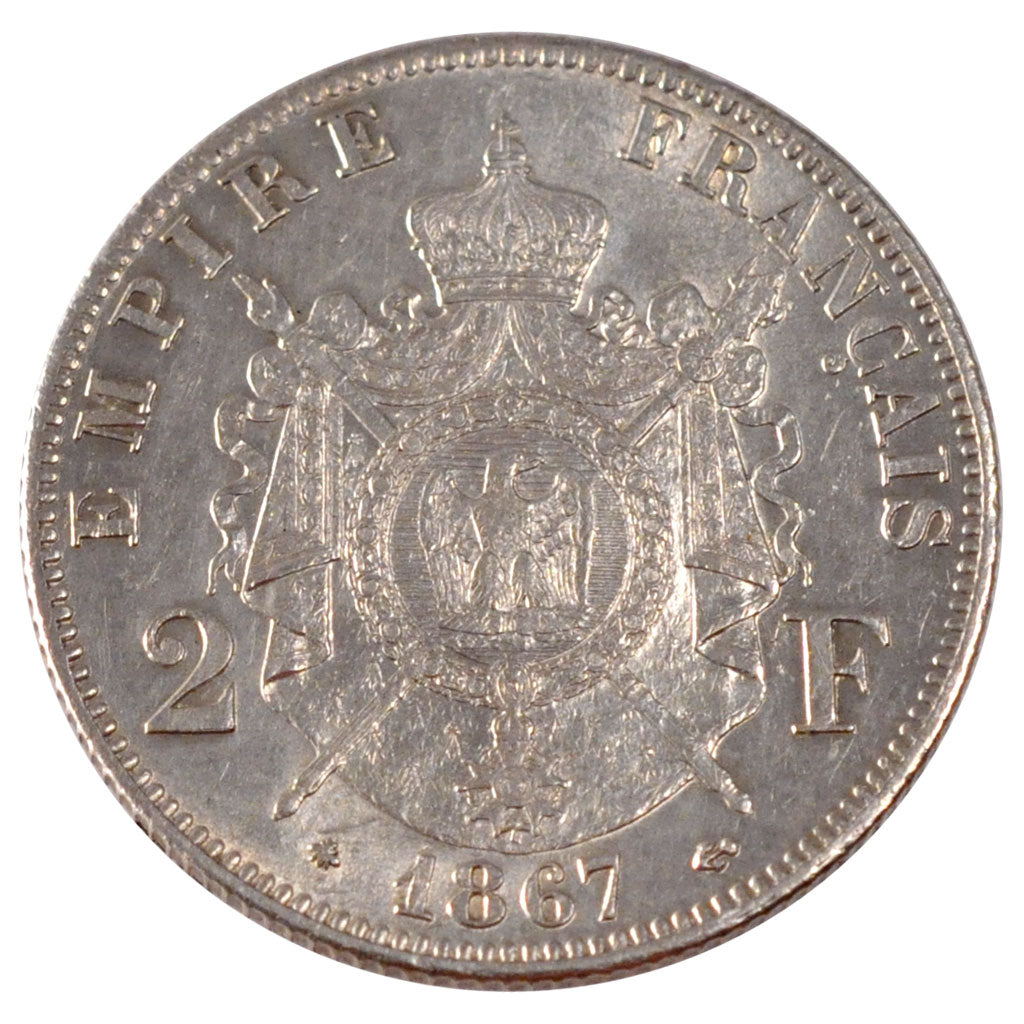 FRANCE, Napoléon III, 2 Francs, 1867, Paris, KM #807.1, AU(55-58), Silver, G...