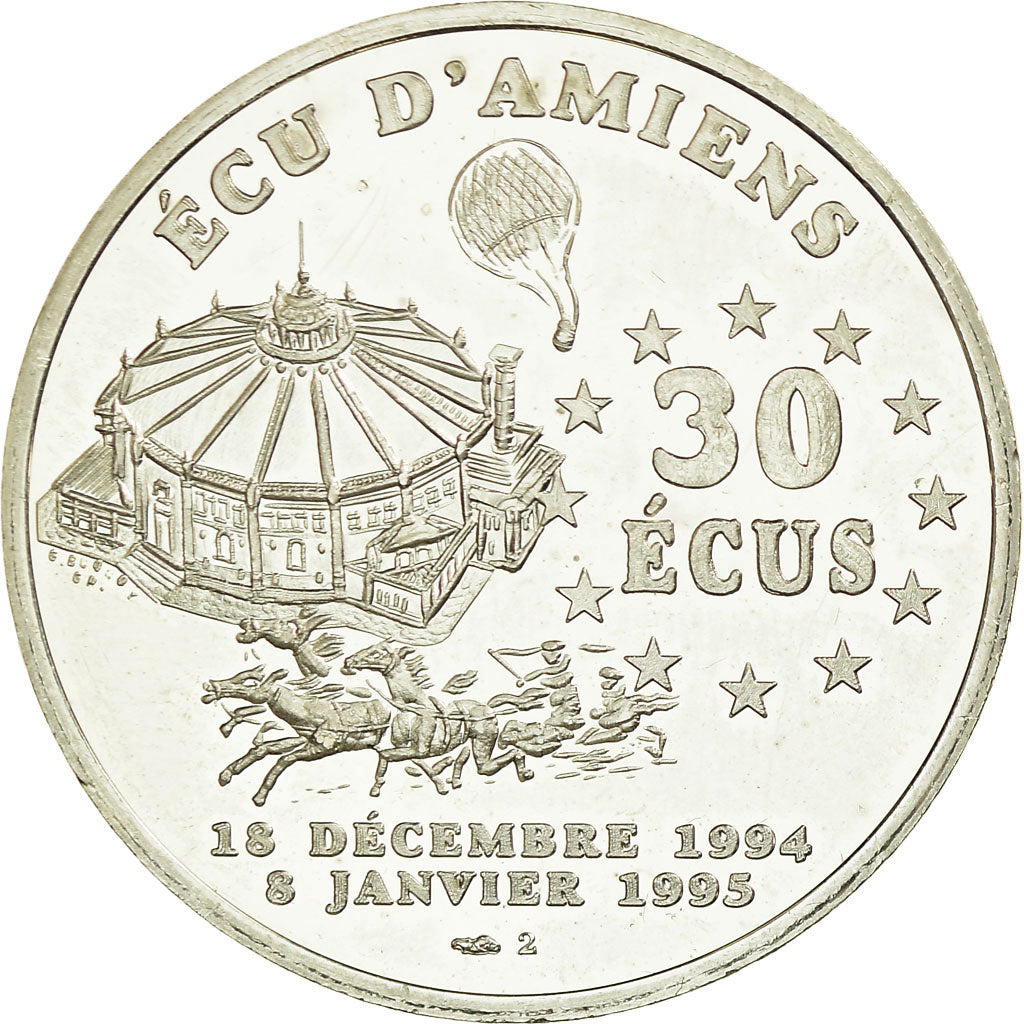 Francia, medalla, 30 Ecus d'Amiens, Jules  Verne, 1994-1995, FDC, Plata