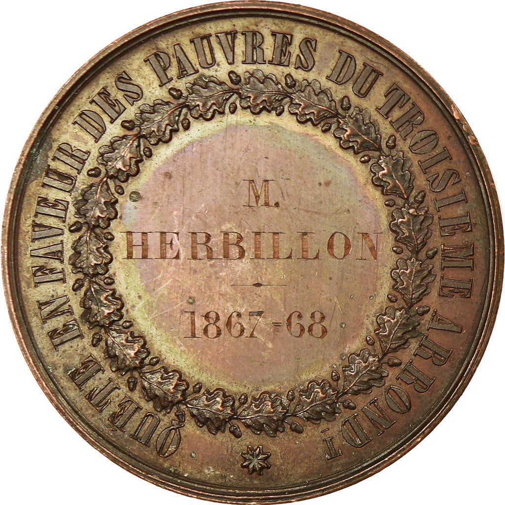 Francia, medaglia, Quête en Faveur des Pauvres, Paris, 1868, Caqué, BB+, Rame