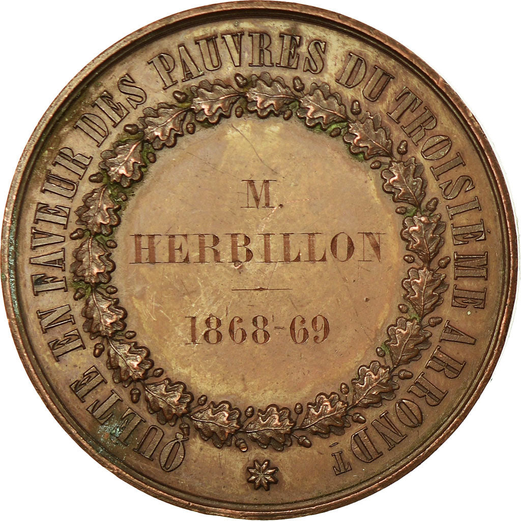 France, Medal, Quête en Faveur des Pauvres, Paris, 1869, Caqué, AU(50-53)