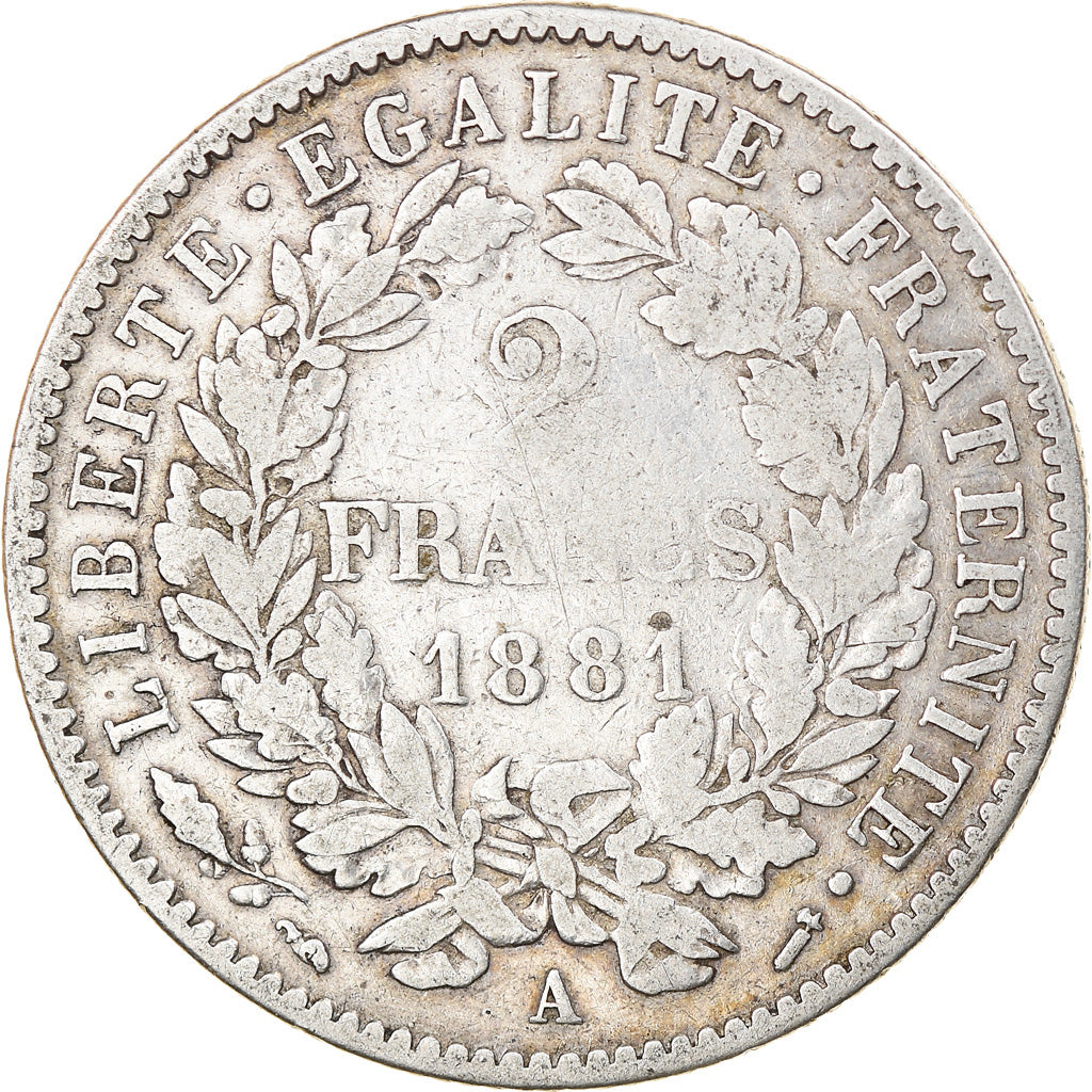 Coin, France, Cérès, 2 Francs, 1881, Paris, VF(30-35), Silver, KM:817.1