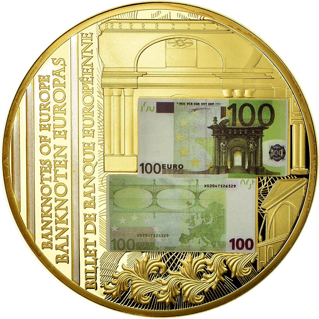 França, Medal, Billet de Banque Européenne, 100 Euro, MS(65-70), Cobre Dourado