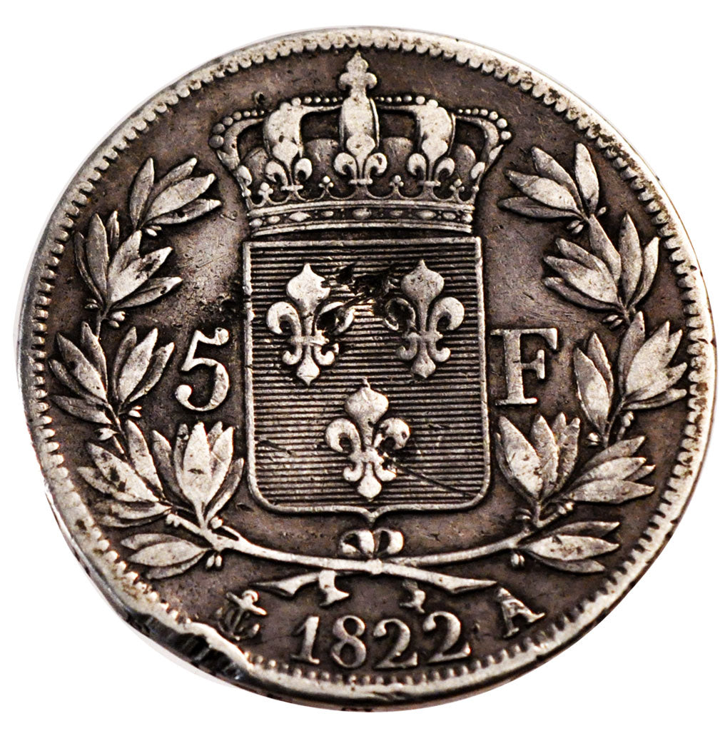 FRANCE, Louis XVIII, 5 Francs, 1822, Paris, KM #711.1, F(12-15), Silver,...