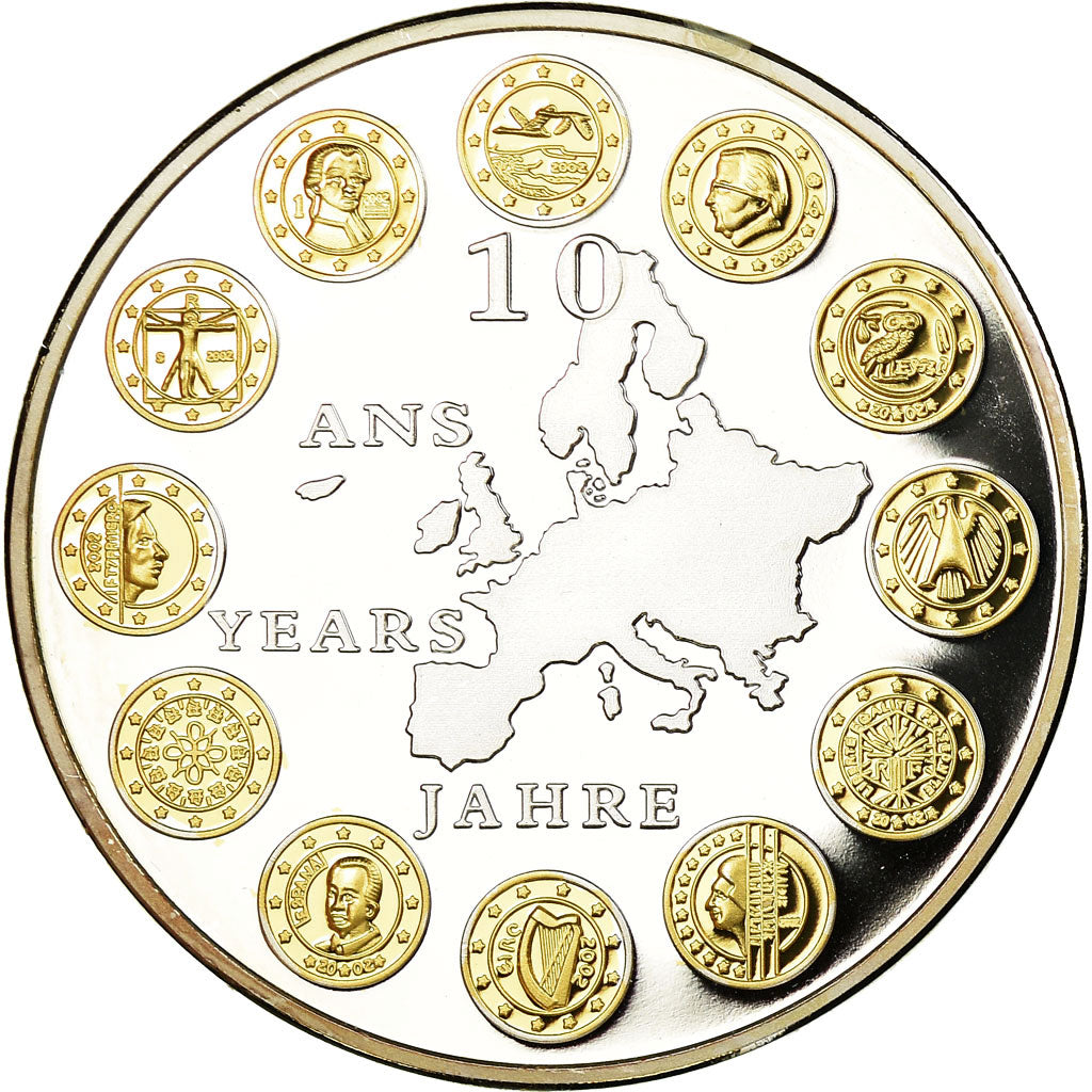 France, Medal, 10 ans de l'Euro, MS(65-70), Copper Plated Silver