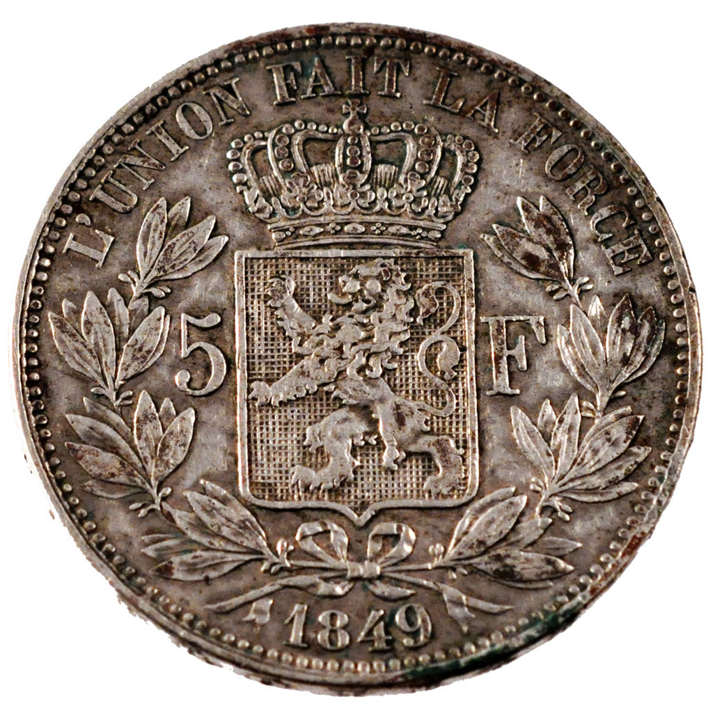 BELGIUM, 5 Francs, 5 Frank, 1849, KM #17, EF(40-45), Silver, 24.83