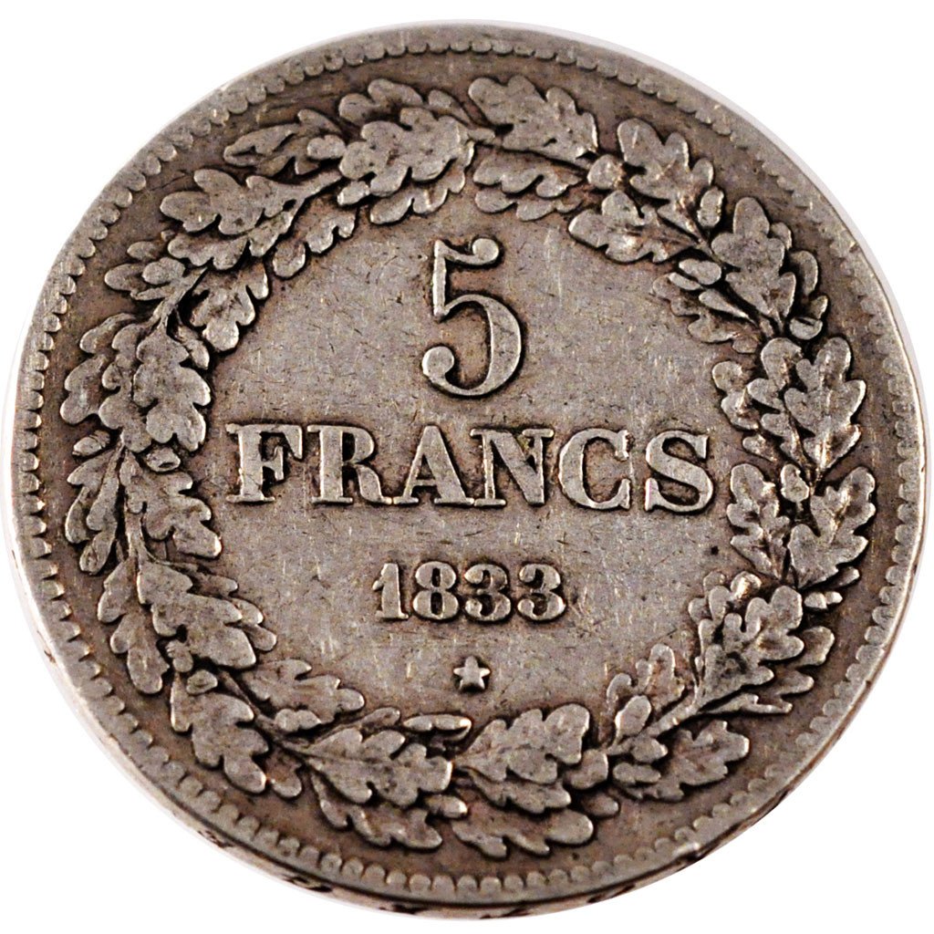 BELGIUM, 5 Francs, 5 Frank, 1833, KM #3.1, EF(40-45), Silver, 24.75
