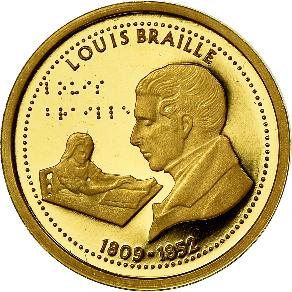 Francja, Medal, Louis Braille, Sztuka i Kultura, MS(65-70), Złoto