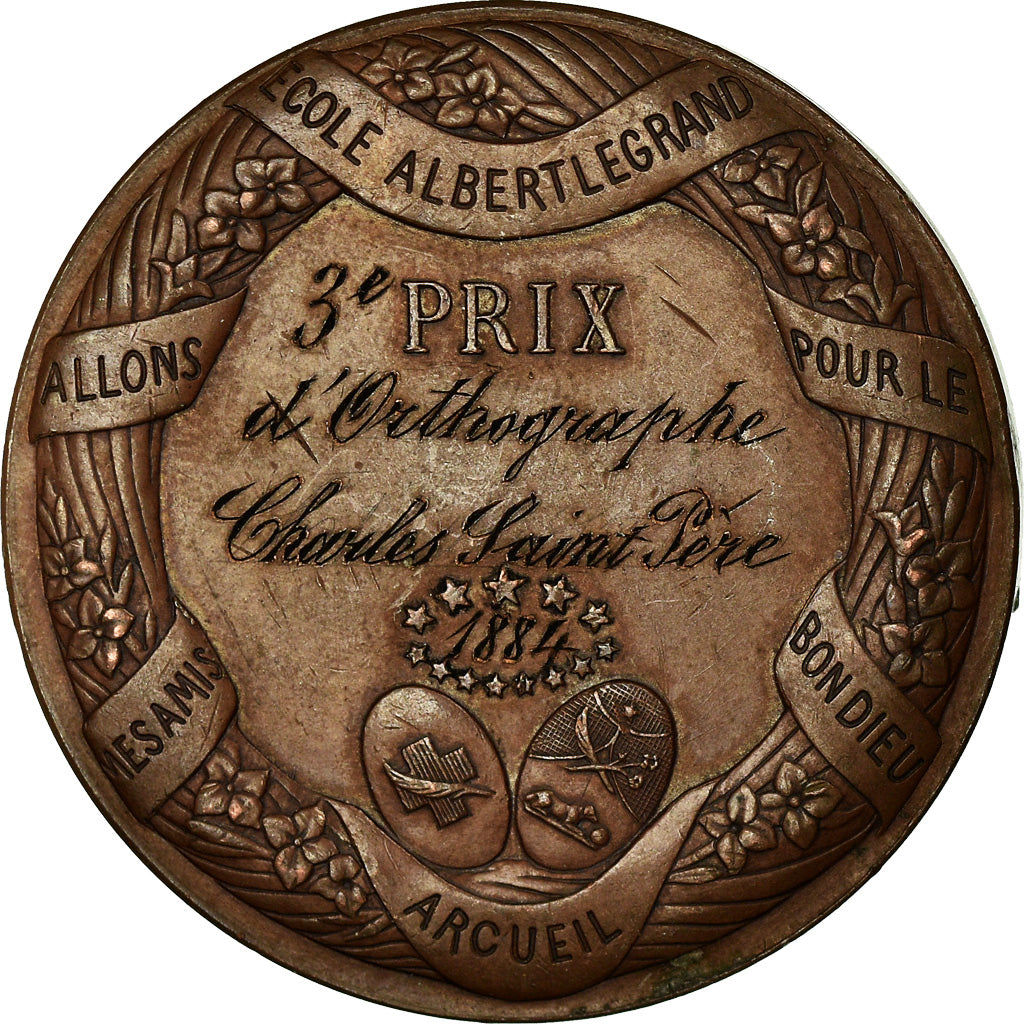 Frankrijk, Medaille, Education, Prix d'Orthographe, Arcueil, 1884, Dupuis.D, PR