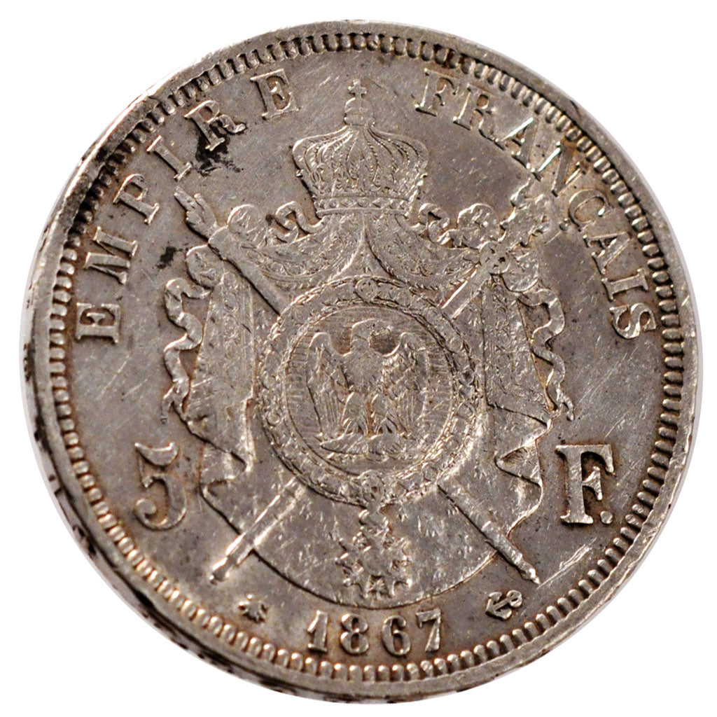 FRANCE, Napoléon III, 5 Francs, 1867, Paris, KM #799.1, VF(30-35), Silver, G...