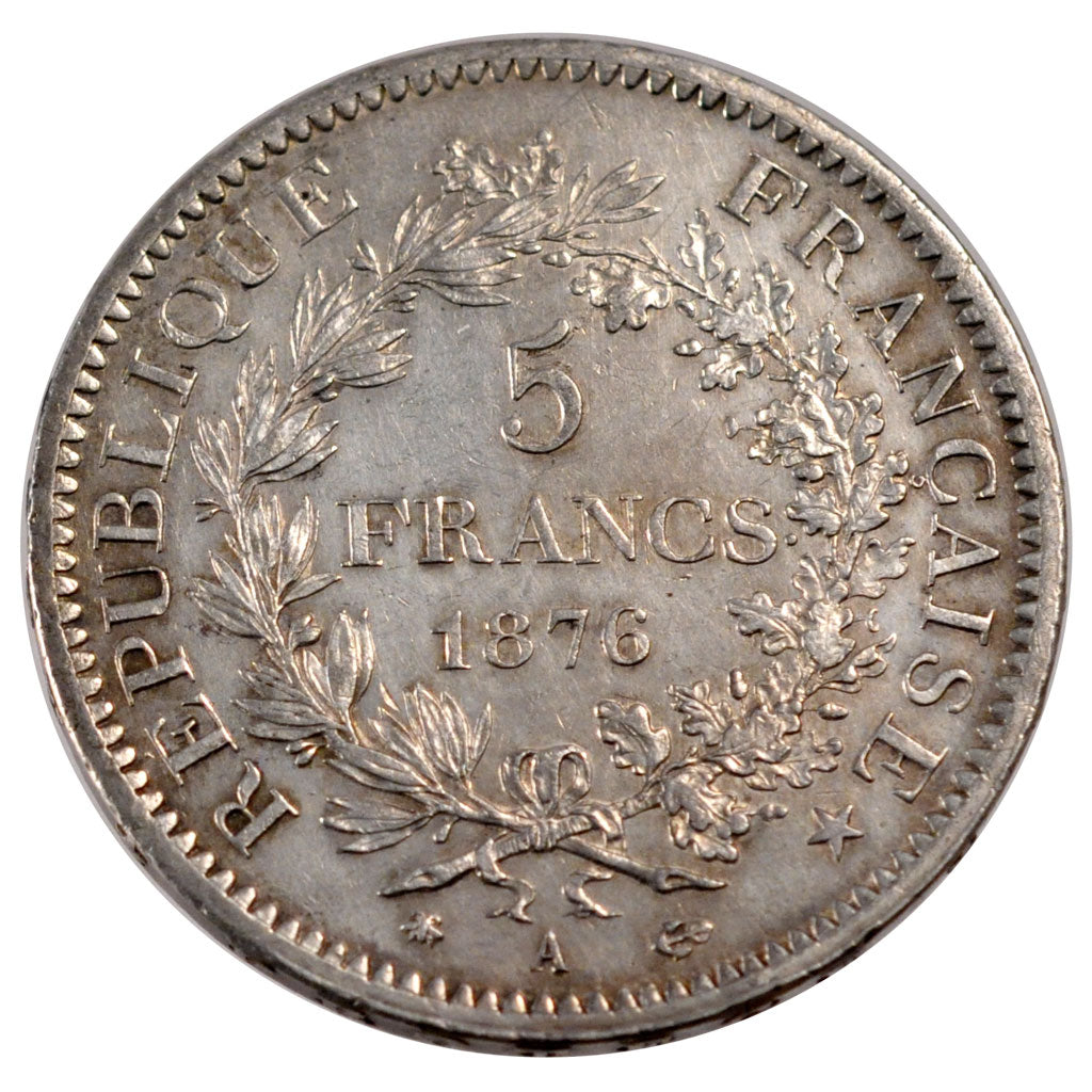 FRANCE, Hercule, 5 Francs, 1876, Paris, KM #820.1, EF(40-45), Silver, Gadoury...