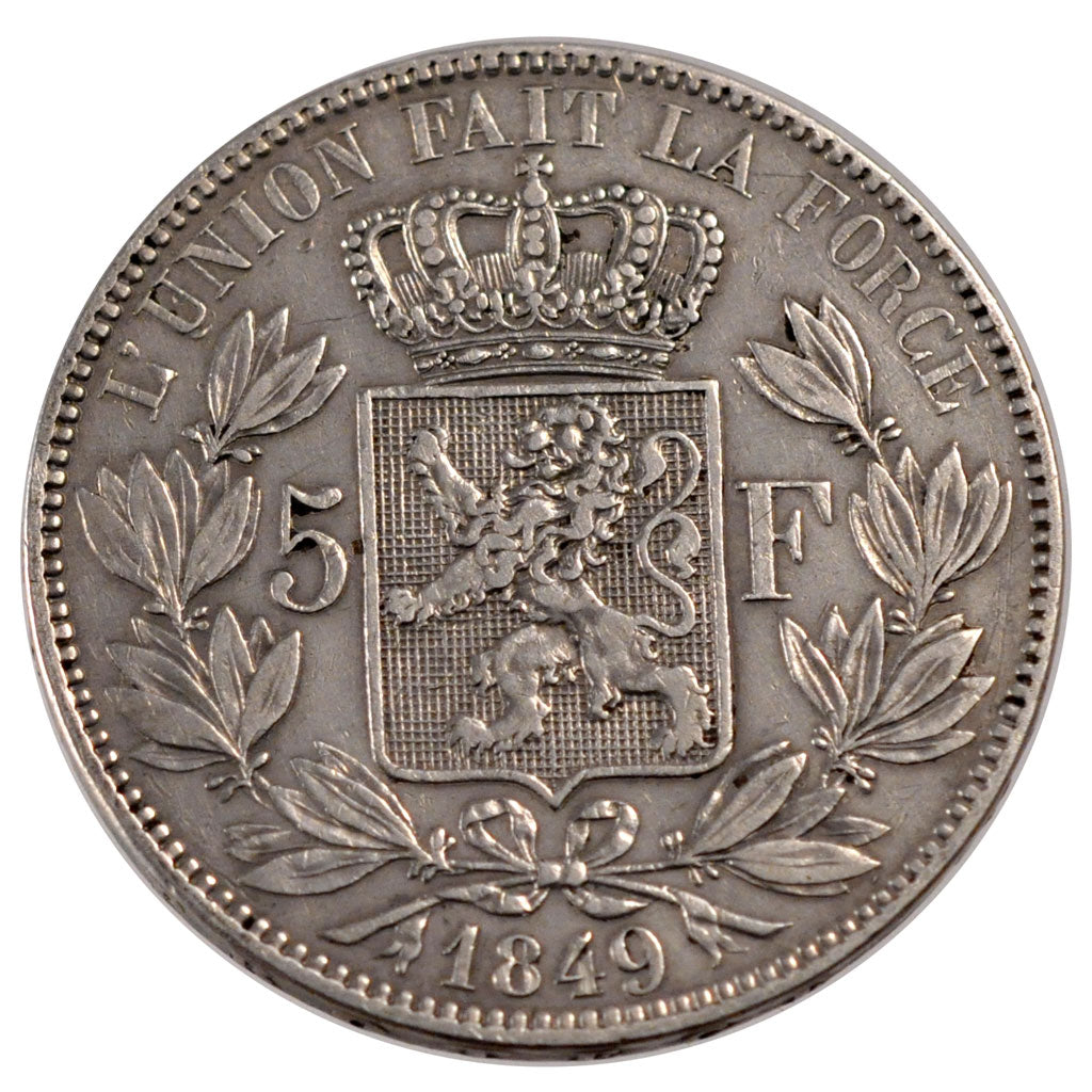 BELGIUM, 5 Francs, 5 Frank, 1849, KM #17, AU(50-53), Silver, 24.91