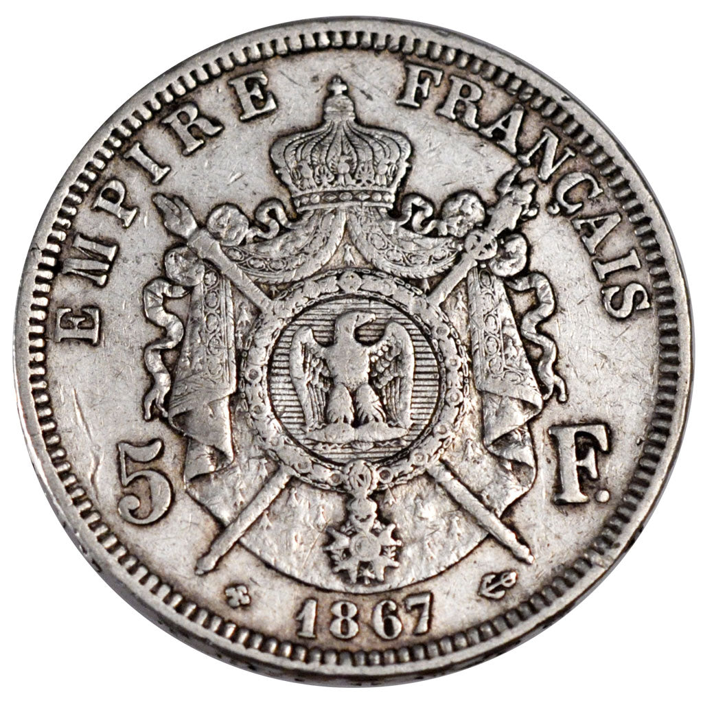 FRANCE, Napoléon III, 5 Francs, 1867, Strasbourg, KM #799.2, VF(30-35), Silver,