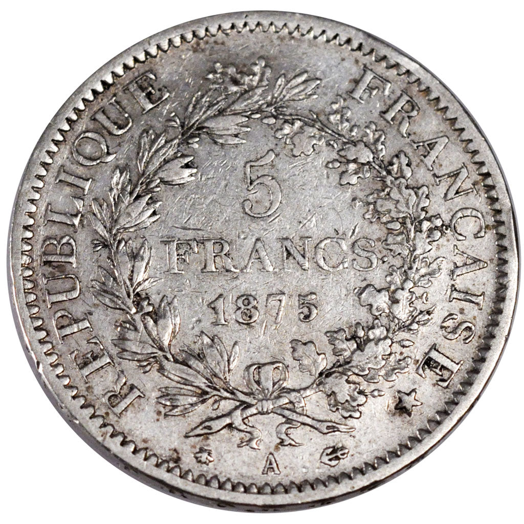 FRANCE, Hercule, 5 Francs, 1875, Paris, KM #820.1, EF(40-45), Silver, Gadoury...