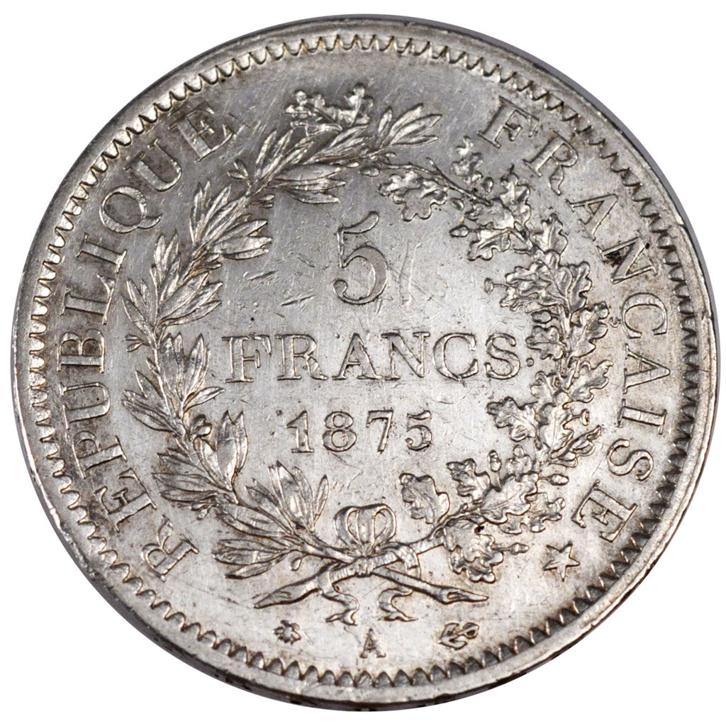 FRANCE, Hercule, 5 Francs, 1875, Paris, KM #820.1, AU(50-53), Silver, Gadoury...