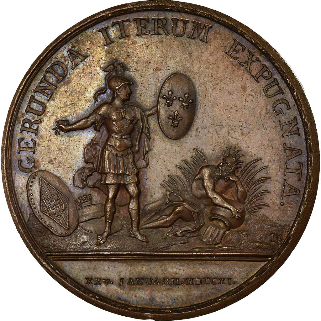Francja, Medal, Louis XIV, Prise de Gerona, 1711, Mauger, AU(55-58), Bronze
