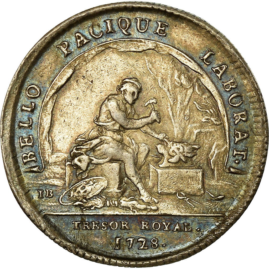 Francia, Token, Louis XV, Trésor Royal, History, 1728, Duvivier, MBC+, Plata
