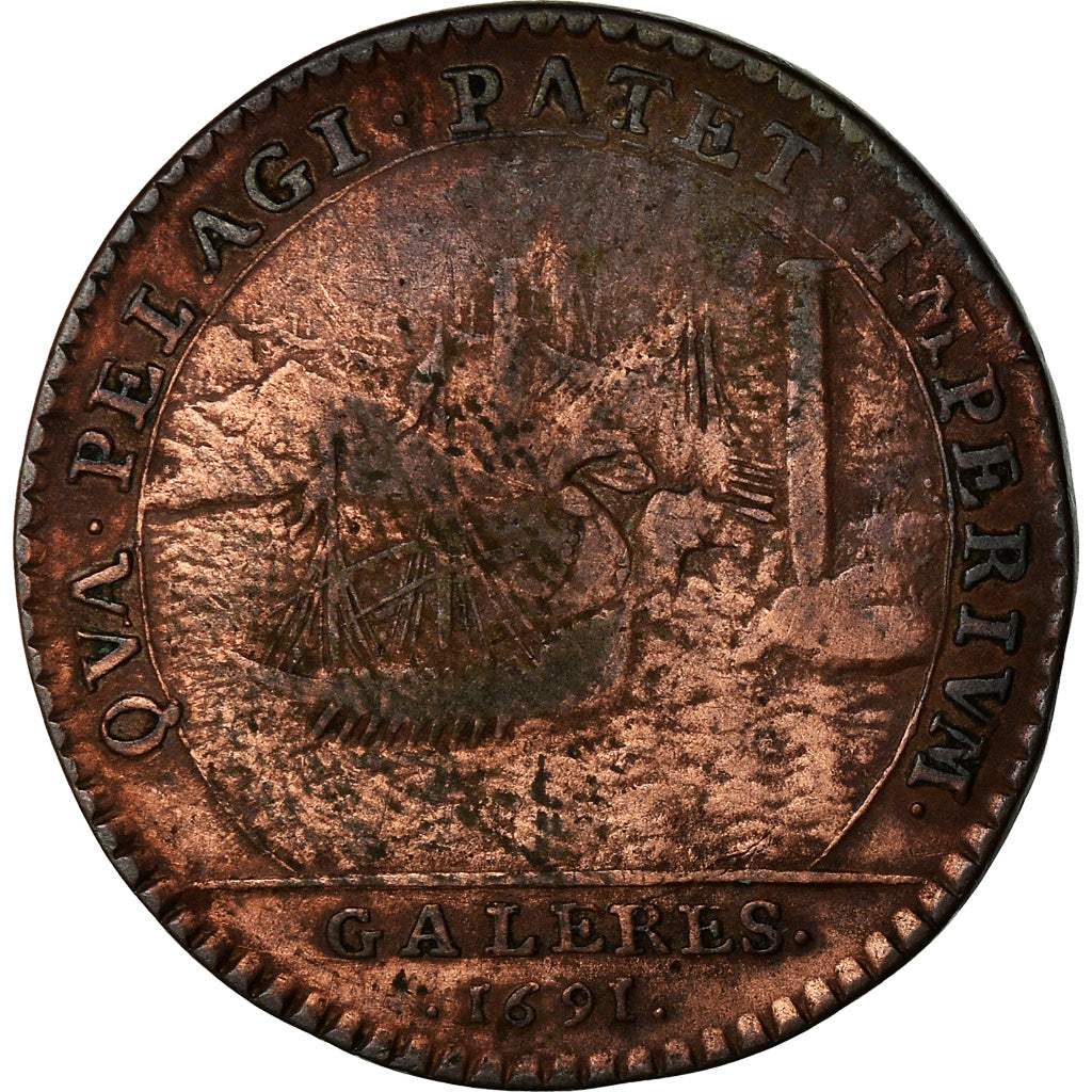 França, Token, Luís XIV, Marine, Galères Royales, História, 1691, VF(20-25)