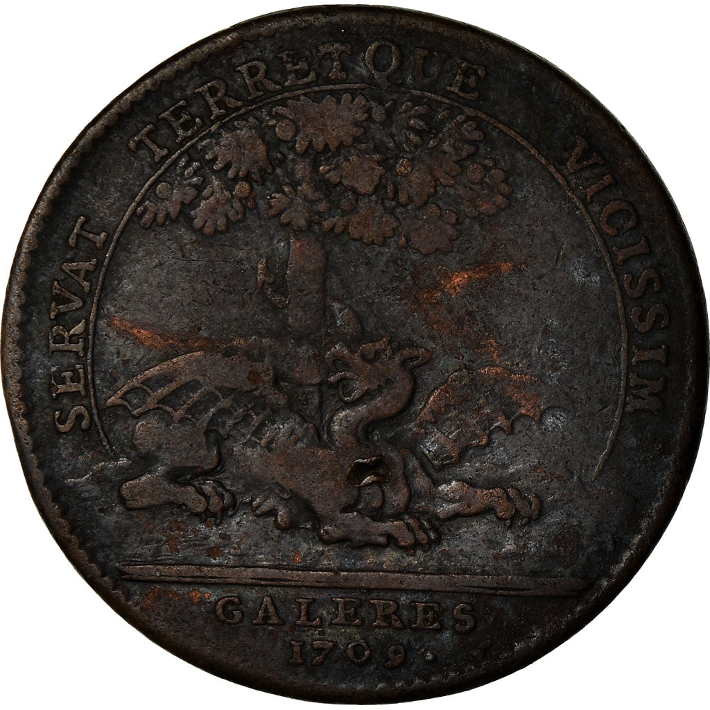 Francia, Token, Louis XIV, Marine, Galères Royales, History, 1709, BC+, Cobre