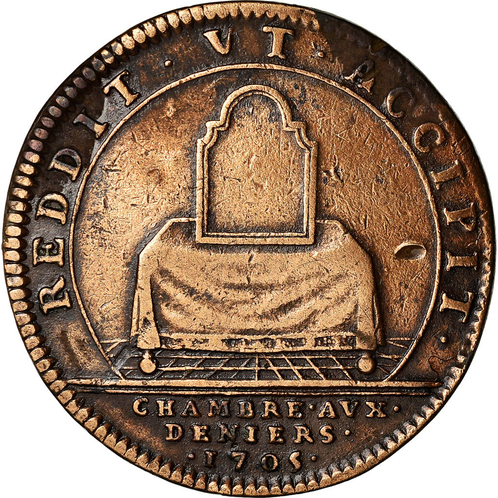 France, Jeton, Louis XIV, Chambre aux Deniers, History, 1705, TB+, Cuivre