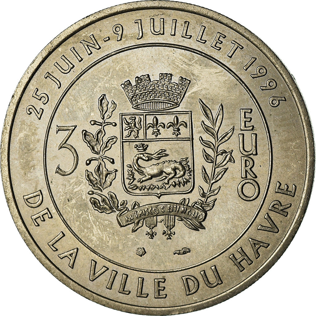 França, Medal, 3 Euro Ville du Havre, Pont de Normandie, 1996, MS(64), Níquel