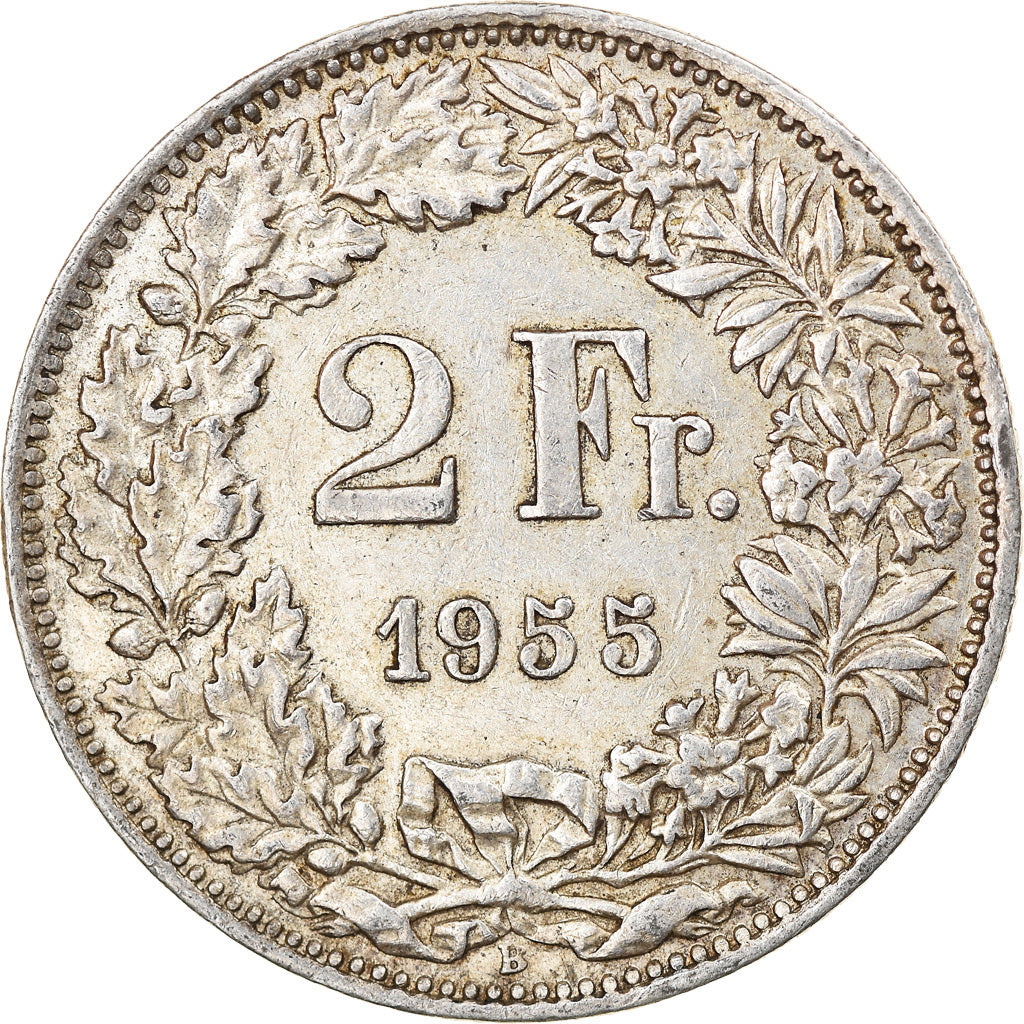 Coin, Switzerland, 2 Francs, 1955, Bern, EF(40-45), Silver, KM:21