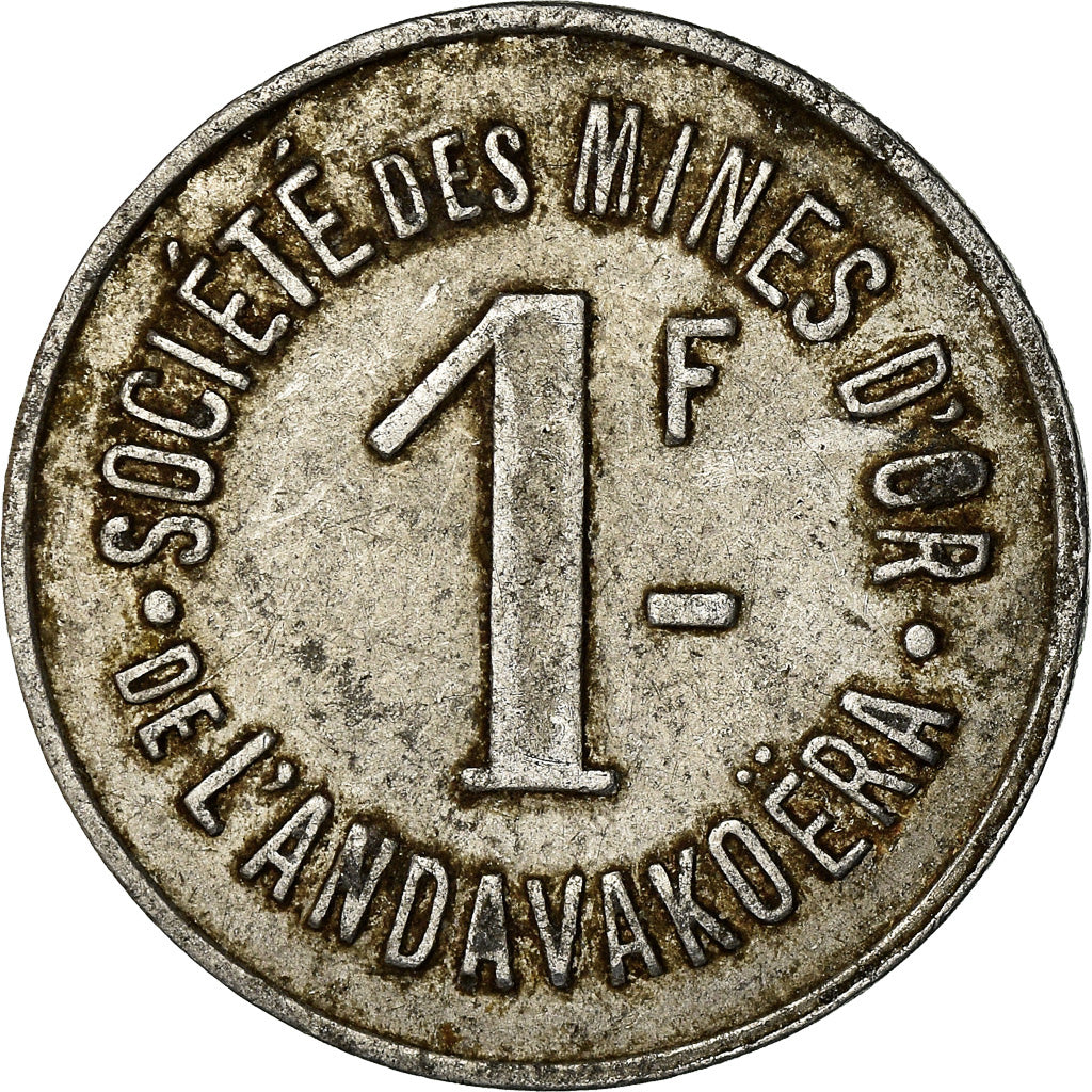 Coin, Madagascar, Société des Mines d'Or, Andavakoëra, 1 Franc, VF(30-35)