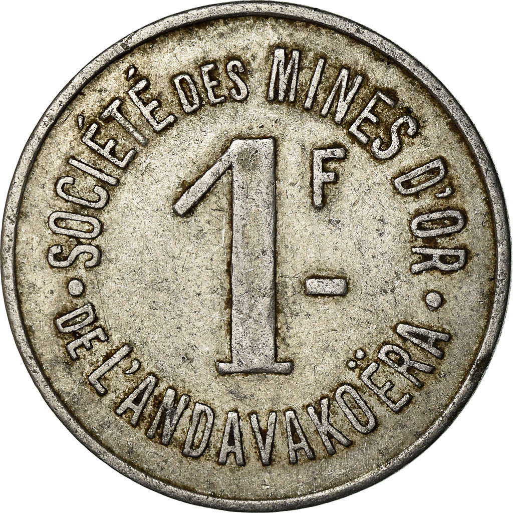 Moneta, Madagascar, Société des Mines d'Or, Andavakoëra, 1 Franc, MB+
