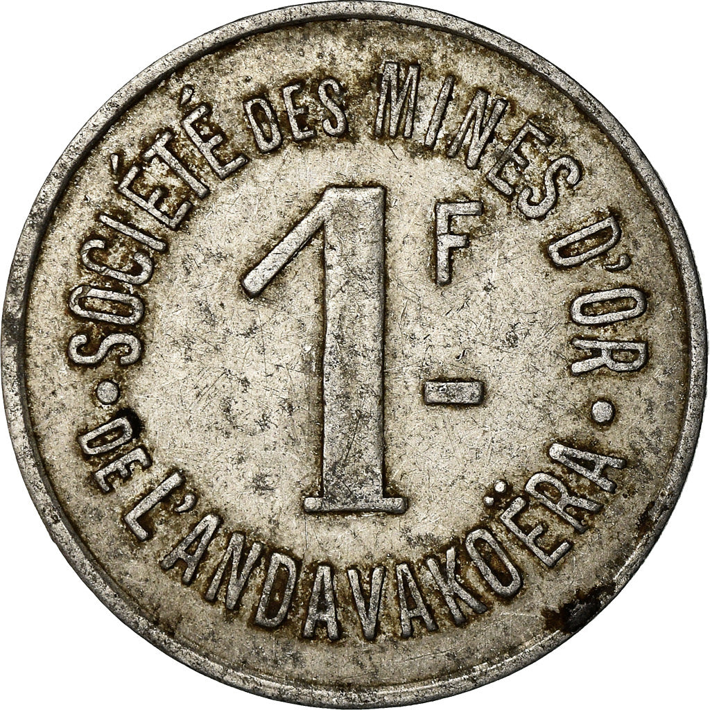 Coin, Madagascar, Société des Mines d'Or, Andavakoëra, 1 Franc, VF(20-25)
