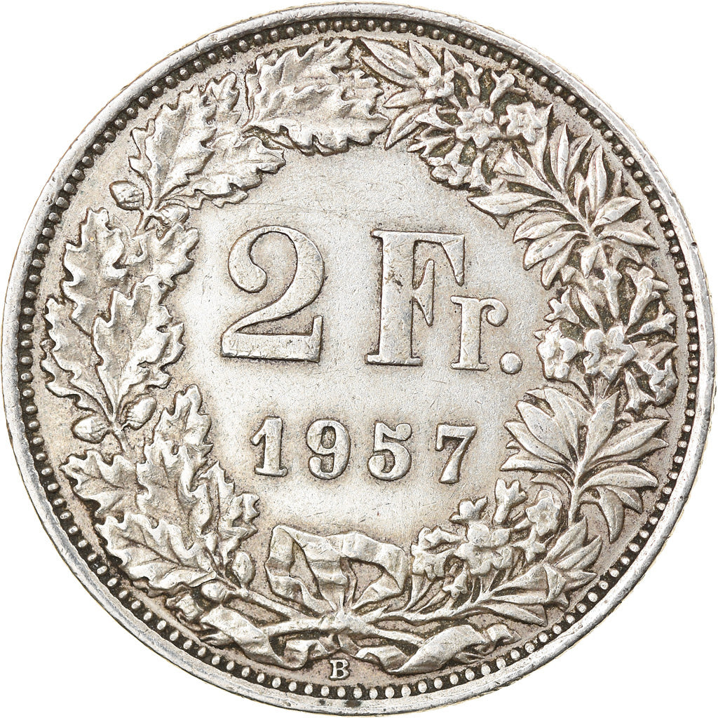 Coin, Switzerland, 2 Francs, 1957, Bern, AU(50-53), Silver, KM:21