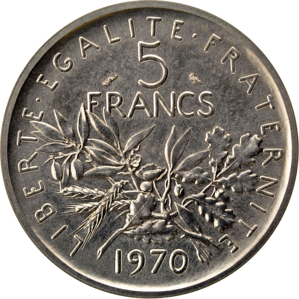 FRANCE, 5 Francs, 1970, KM #P408, MS(63), Nickel Clad Copper-Nickel, Gadoury...