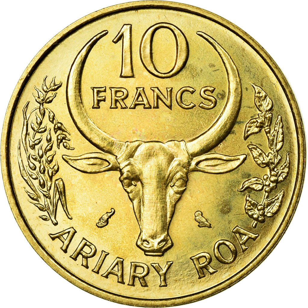 Coin, Madagascar, 10 Francs, 2 Ariary, 1970, Paris, MS(63), Aluminum-Bronze