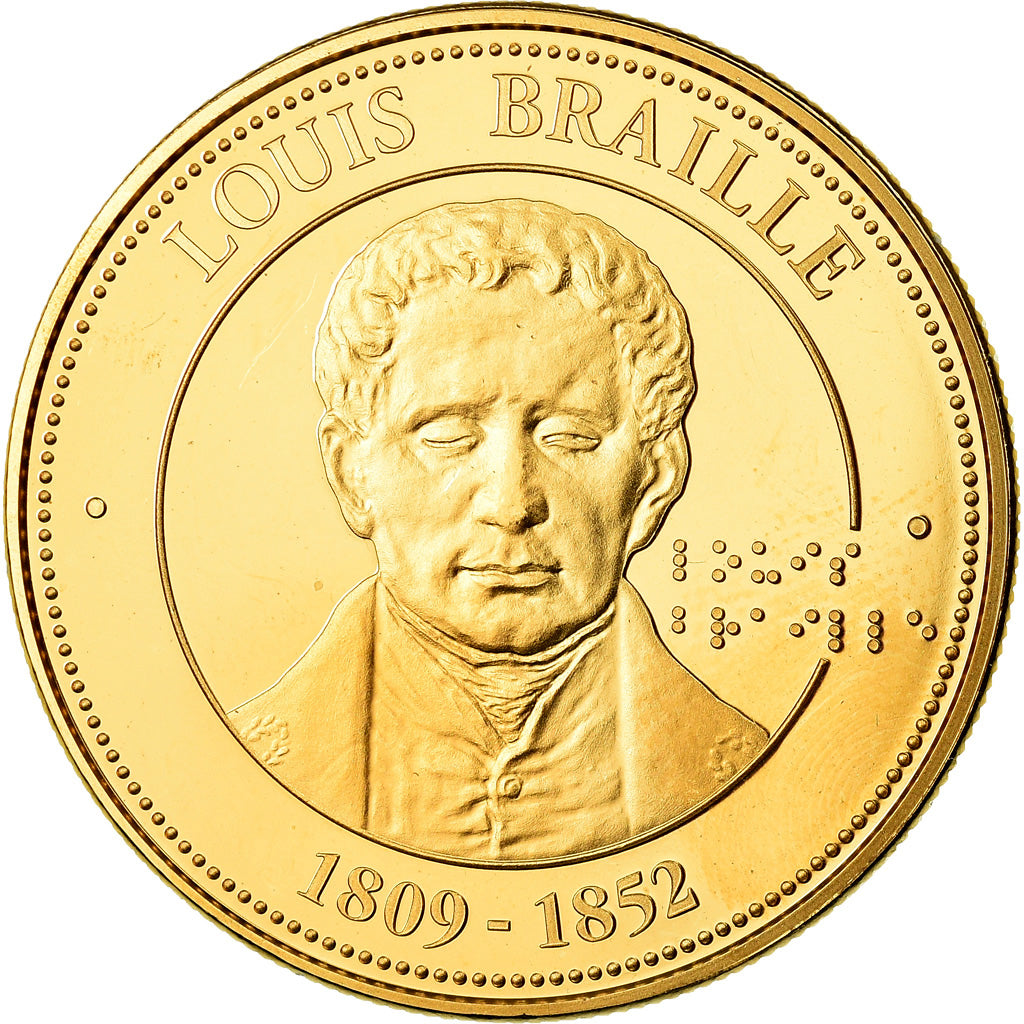 France, Médaille, Collection Panthéon, Louis Braille, FDC, Copper-Nickel Gilt