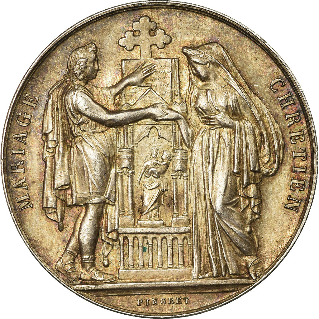 France, Medal, Mariage Chrétien, Religions & beliefs, 1908, Pingret, MS(63)