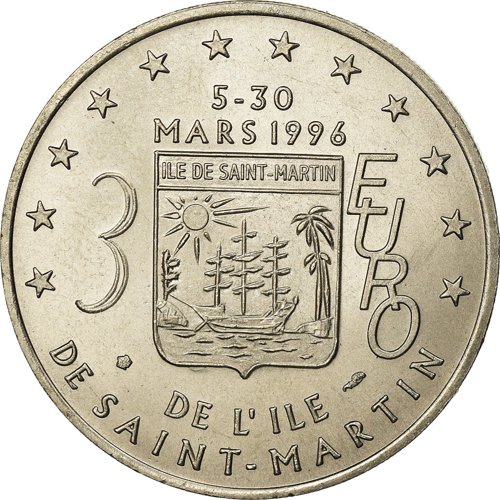 France, Medal, 3 Euro Ile de Saint-Martin, 1996, MS(65-70), Copper-nickel
