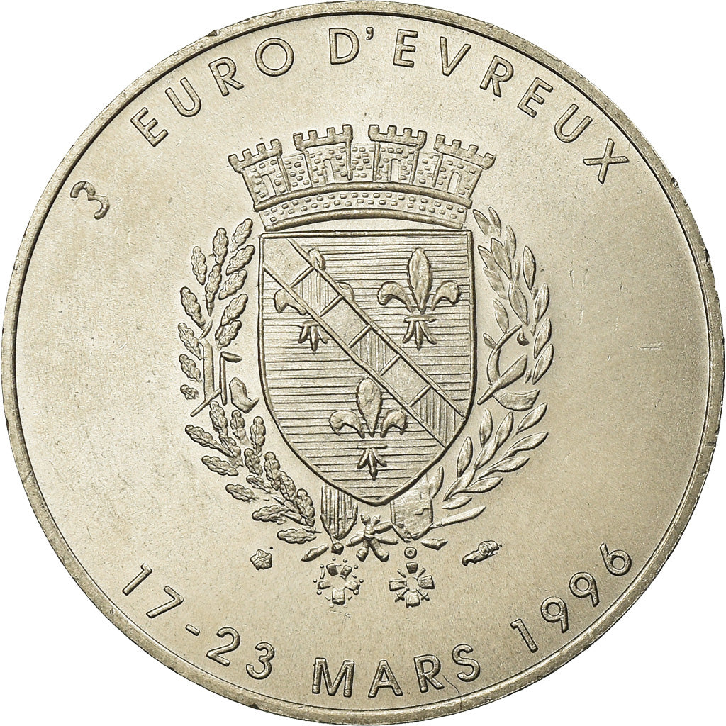 France, Token, 3 Euro Ville d'Evreux, 1996, MS(65-70), Copper-nickel